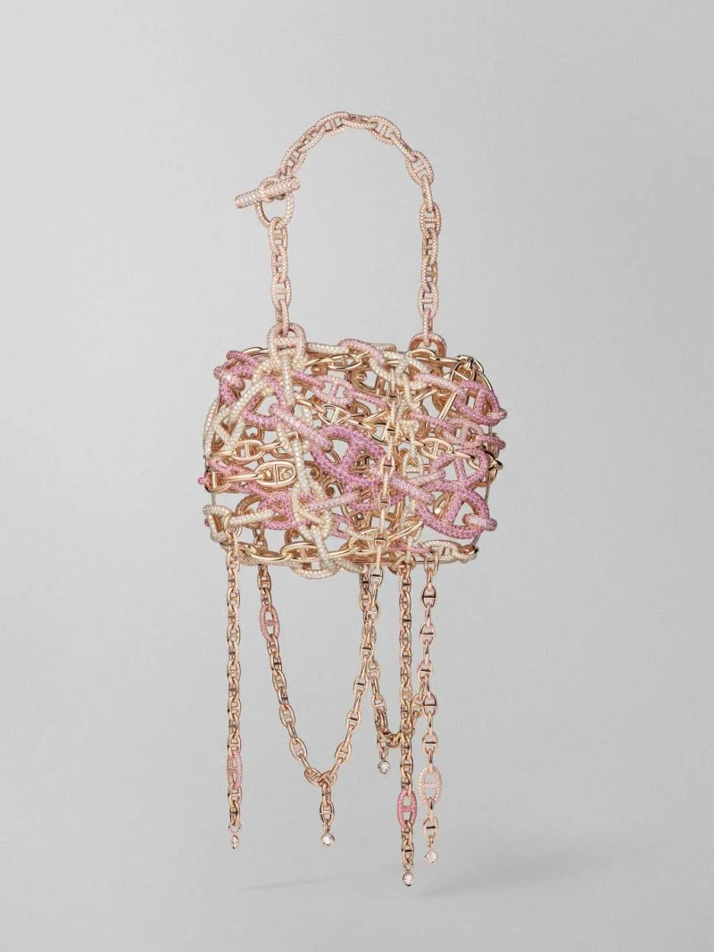 Hermès Sac Bijou chaîne d’ancre in rose gold, diamonds and pink sapphires