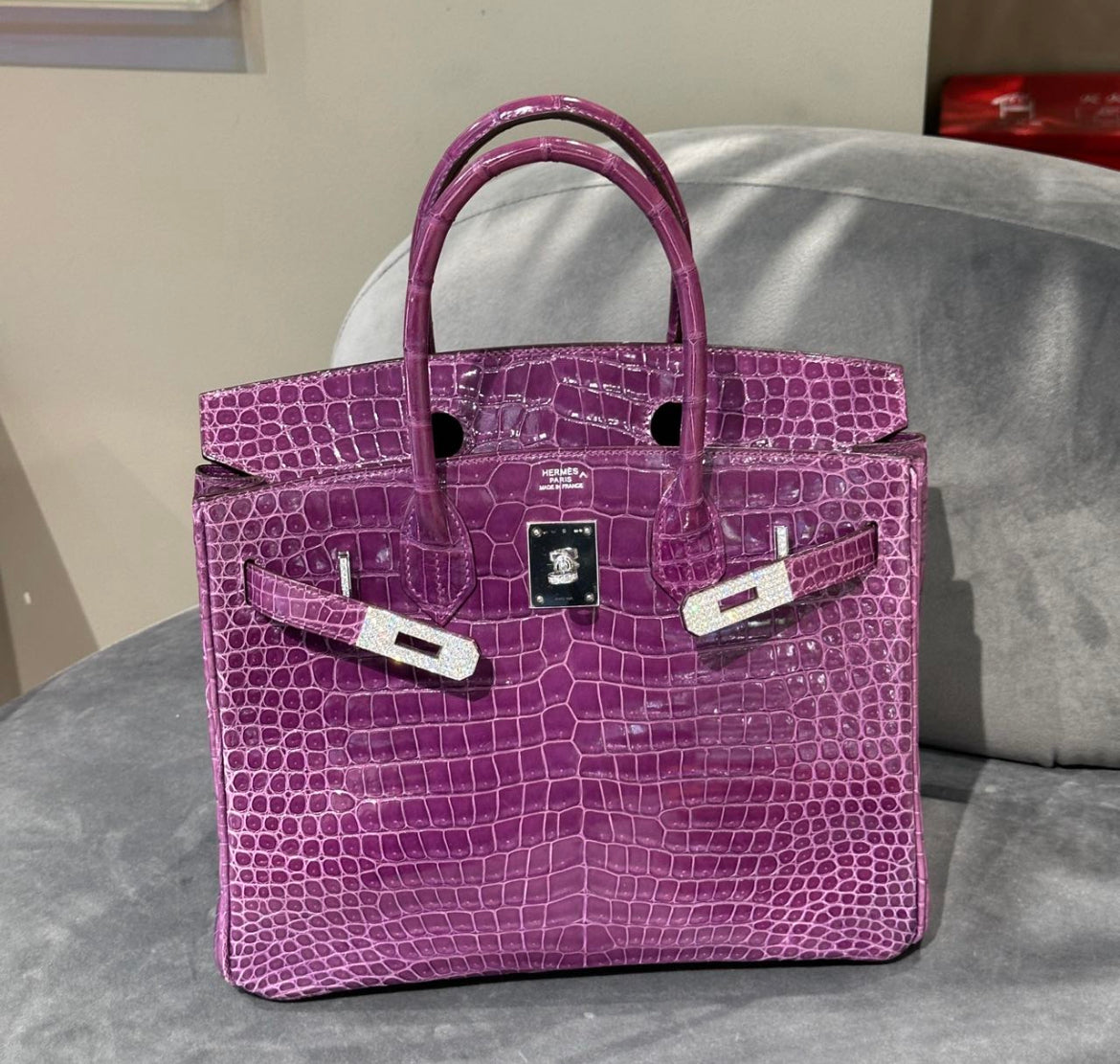 Hermès Birkin 30 Violet Shiny Porosus Crocodile White Gold Diamond Hardware