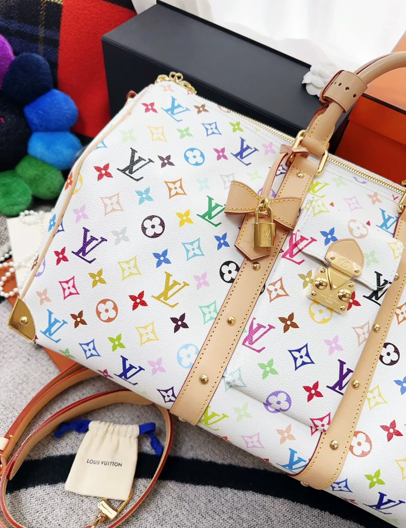Louis Vuitton LV x Takashi Murakami Keepall 45 travel bag, white tri-color print
