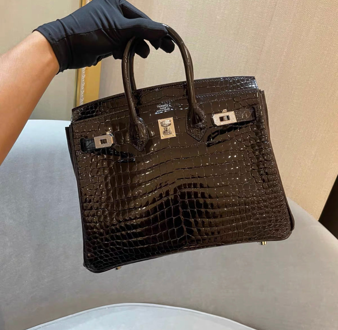 Hermès BIRKIN 25 SHINY BLACK POROSUS CROCODILE DIAMOND WITH 18K WHITE GOLD  DIAMOND HARDWARE, Brand new full set!!!