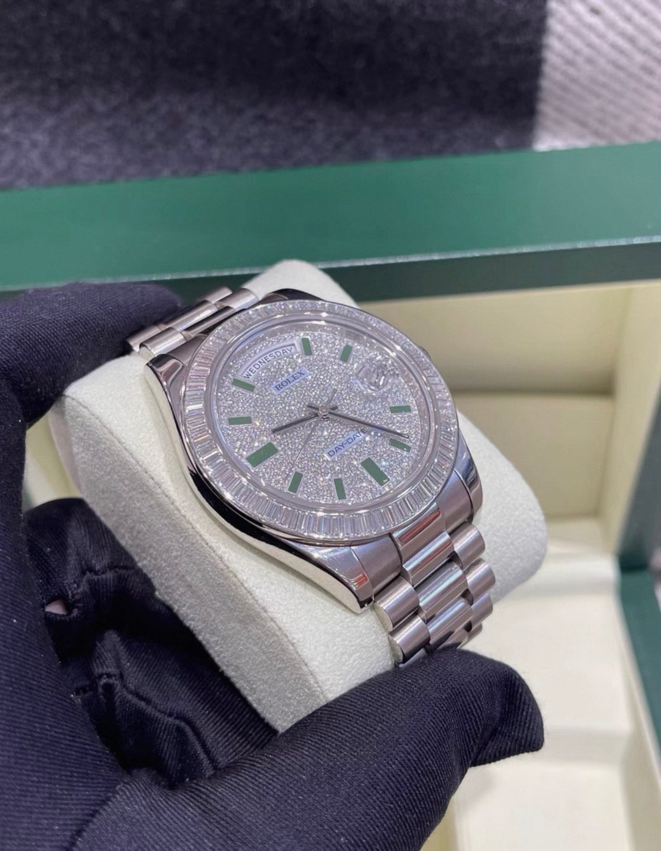Rolex Day-Date 218399T 18k White gold  pave diamond with green enamel