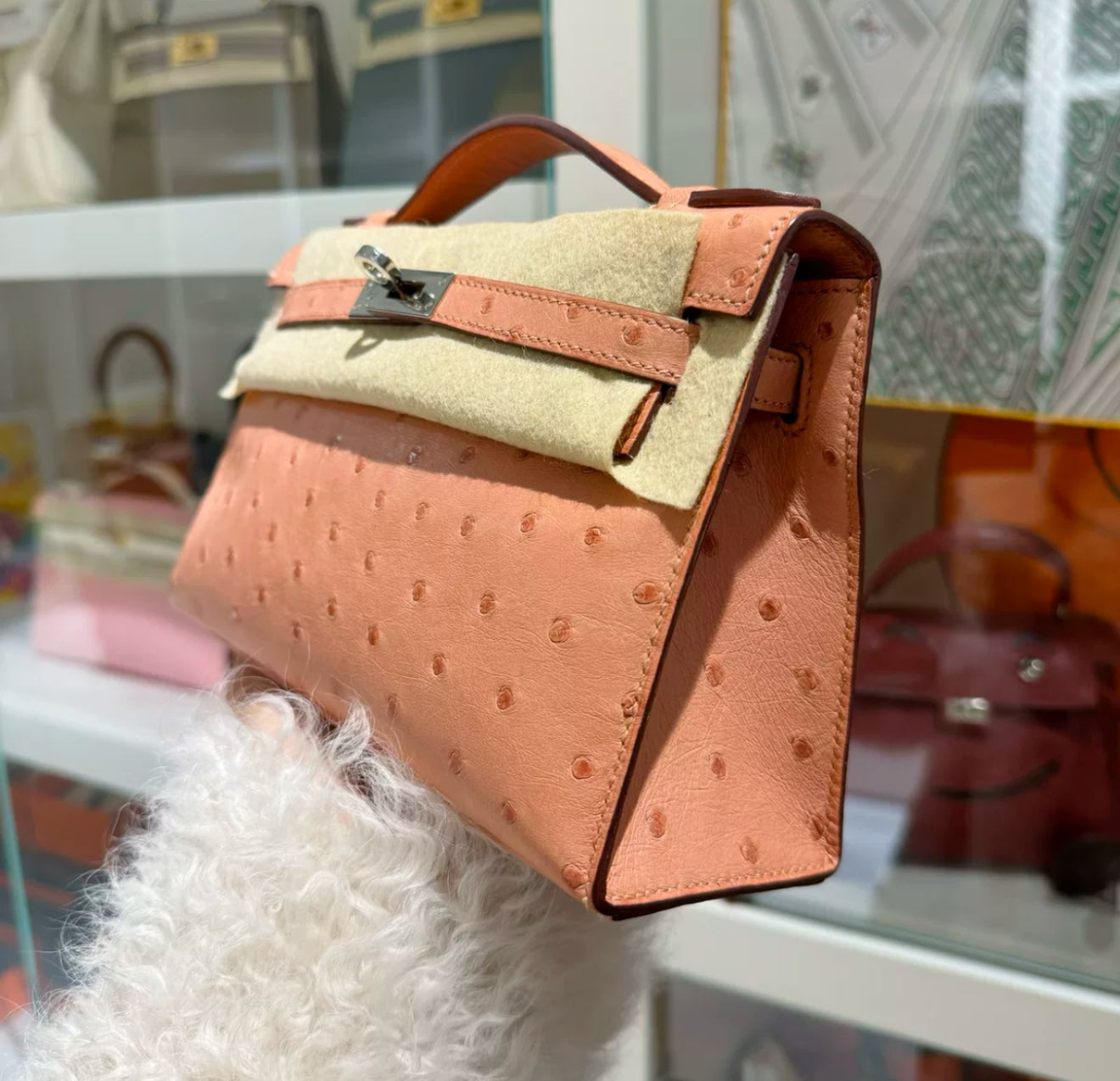 Hermes Kelly Pochette Pink Terre Cuite Ostrich Leather Palladium Hardware