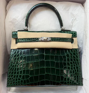 Hermes kelly 25 Vert Fonce Shiny crocodile leather palladium hardware