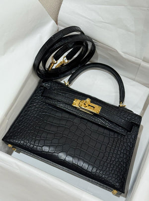 Hermes Mini Kelly 20 Black Matte Alligator Gold hardware