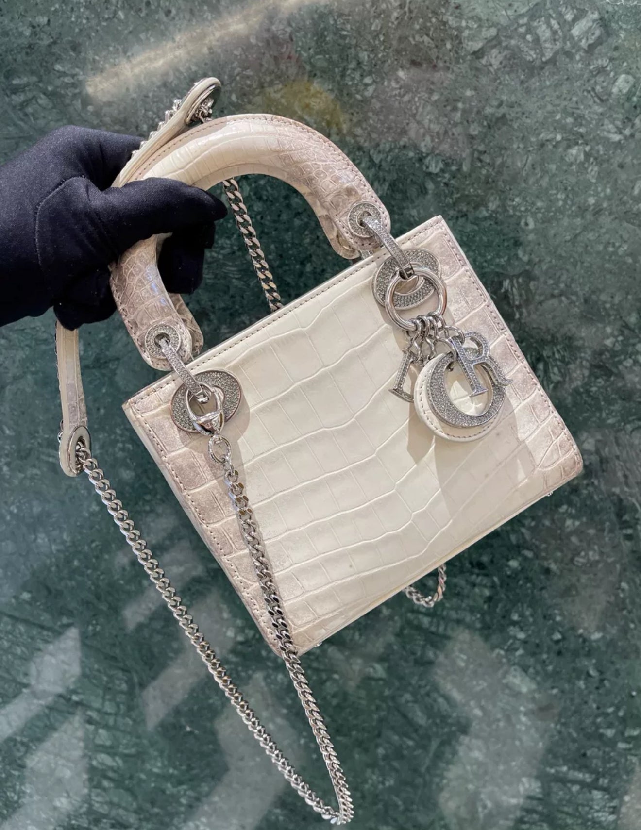 CHRISTIAN DIOR MINI LADY DIOR IN WHITE HIMALAYAN CROCODILE LEATHER  DIAMONDS