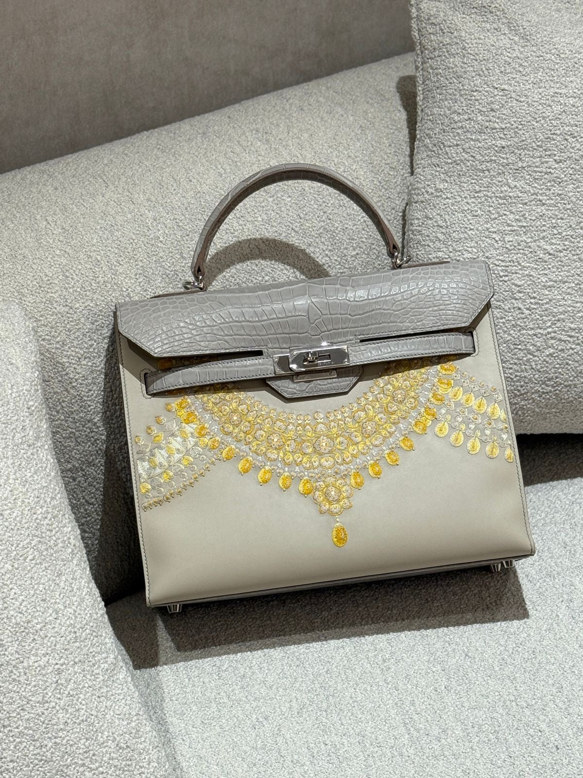 Hermes Monaco 30 Special Gris Perle Matte Porosus & Beton Swift leather palladium hardware