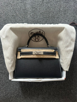 Hermes Mini Kelly 20 Verso Black inside Gris Perle contrast stitching Epsom Palladium hardware