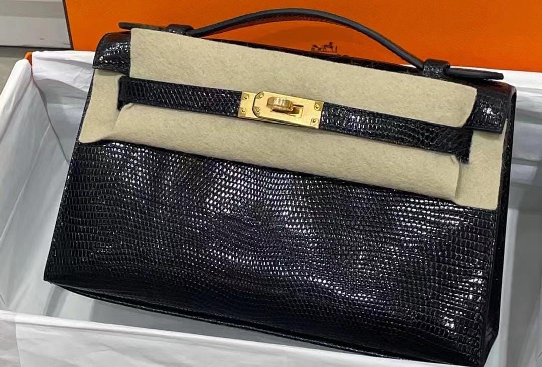 Hermès Kelly Pochette Black Lizard Gold hardware
