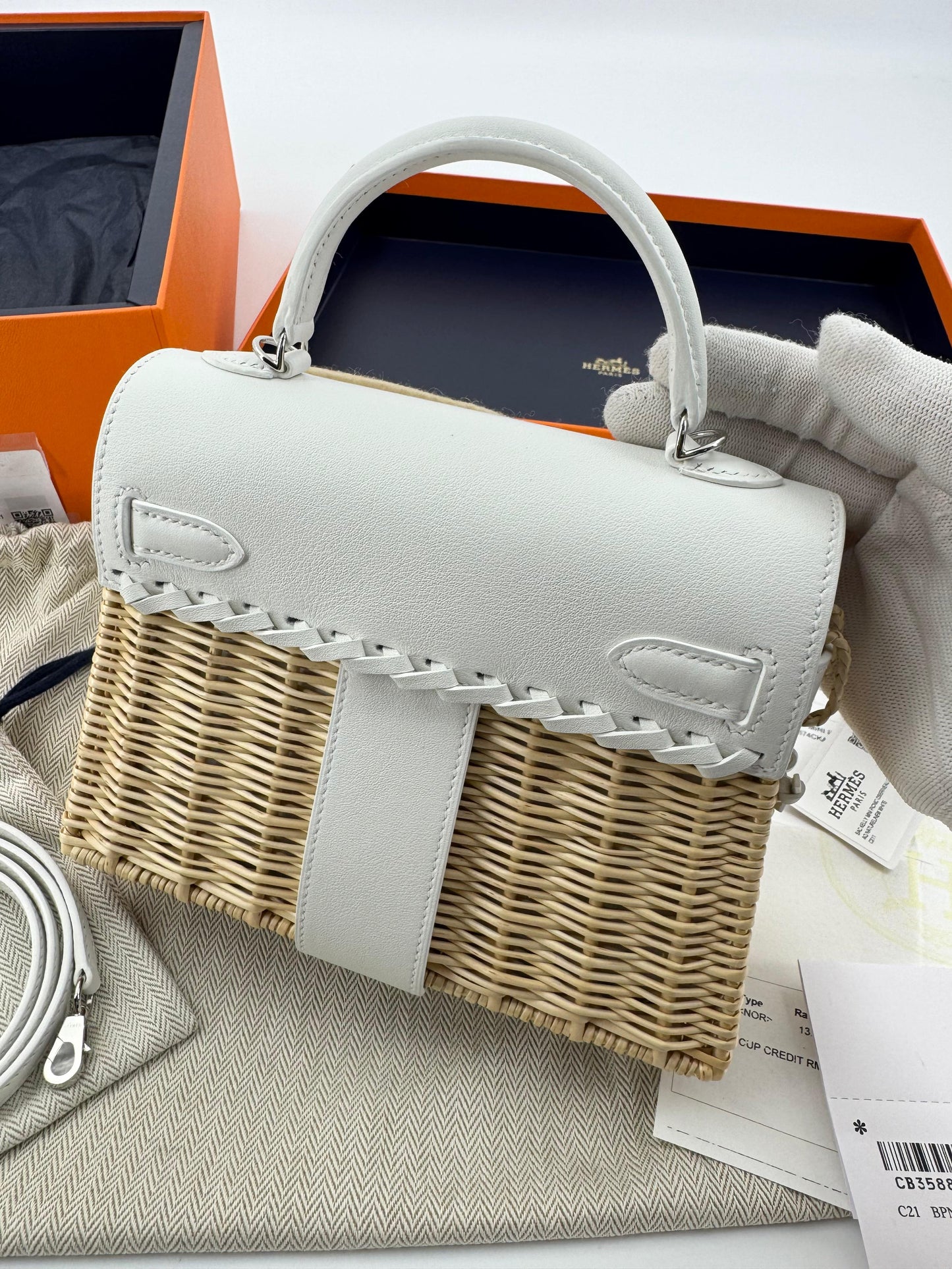 Hermès Mini Kelly 20 “Picnic” White Swift Leather  Palladium Hardware