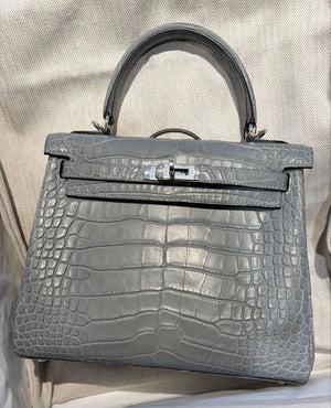 Hermes Kelly 25 Gris Ciment Matte Alligator Palladium Hardware