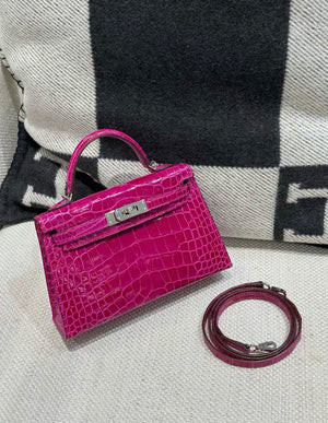 Hermes Mini Kelly 20 Rose Scheherazade Alligator Palladium Hardware