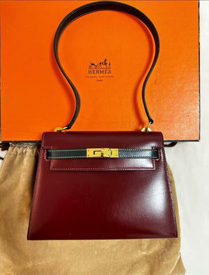 HERMES 80s KELLY 20 two Color’s Burgundy  Black Box Calf leather