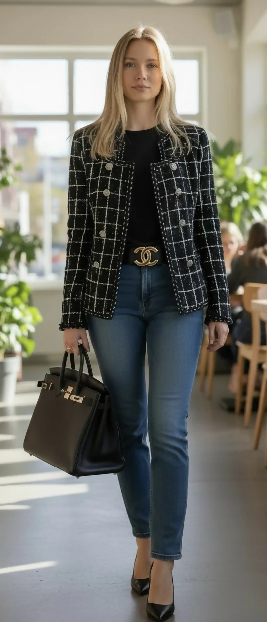 Chanel 14P Black Grid Tweed Braided Trim Double Breasted Jacket FR 36