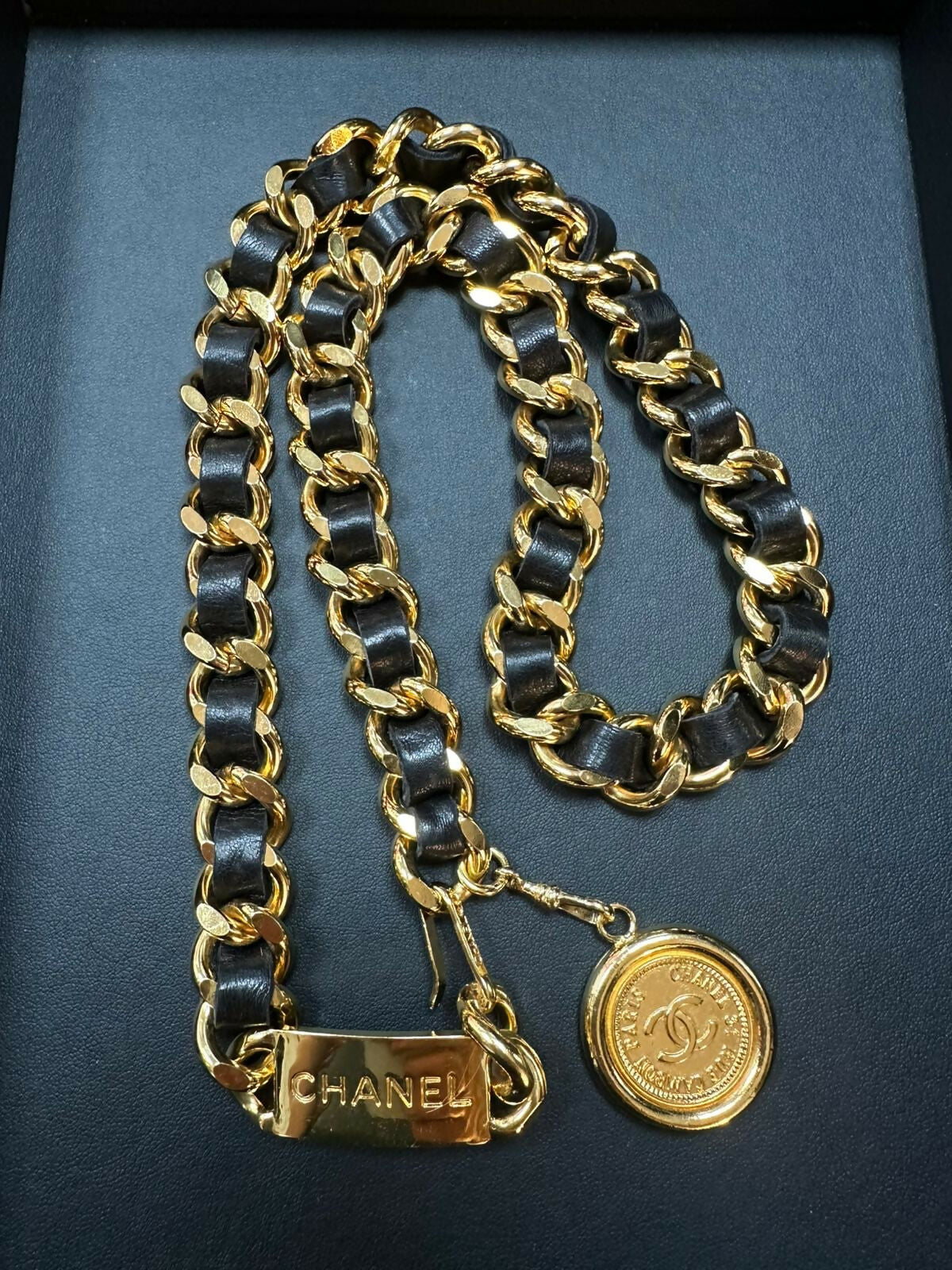 Chanel Vintage 80s Gold Plated  Leather Light Brown Gold Coin Waist Chain (L78)