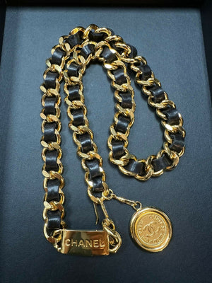 Chanel Vintage 80s Gold Plated  Leather Light Brown Gold Coin Waist Chain (L78)