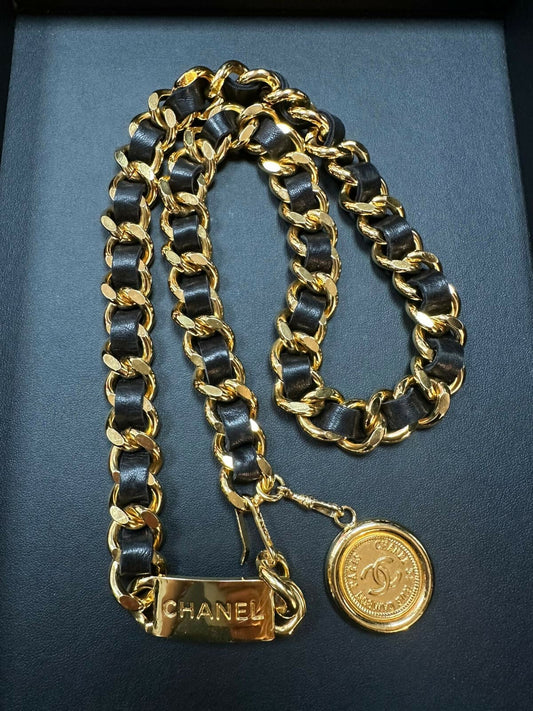 Chanel Vintage 80s Gold Plated  Leather Light Brown Gold Coin Waist Chain (L78)