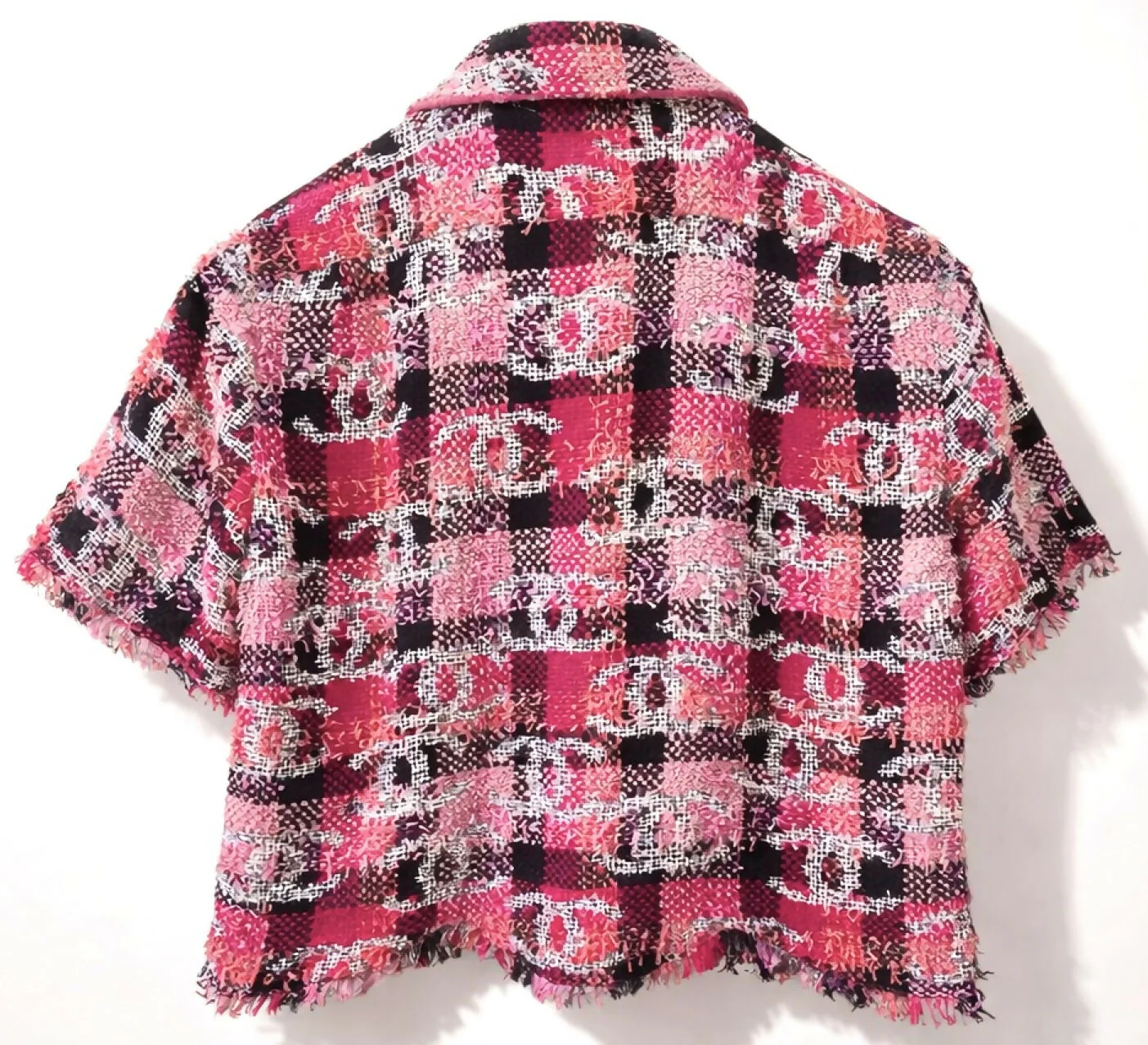 Chanel 22M Coco Beach CC Logo Pink Sequin Fantasy Tweed Blouse Vest FR 36