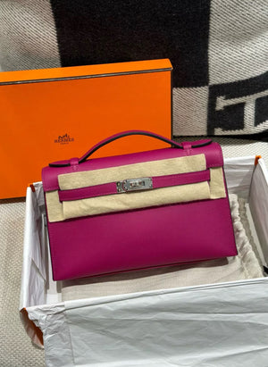HERMÈS Kelly Pochette Rose Purple Swift Palladium hardware