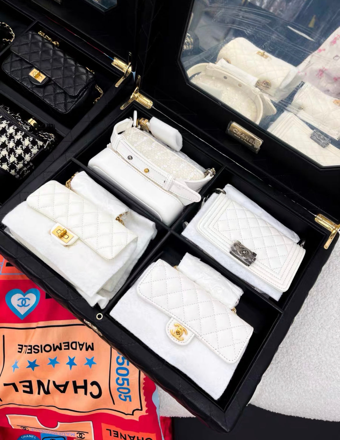 Limited Edition Chanel Set Of 4 white Mini Bags with Quilted Trunk