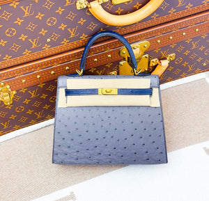 Hermes Kelly 25 Gris Agate/Bleu Iris HSS Ostrich Leather Gold Hardware