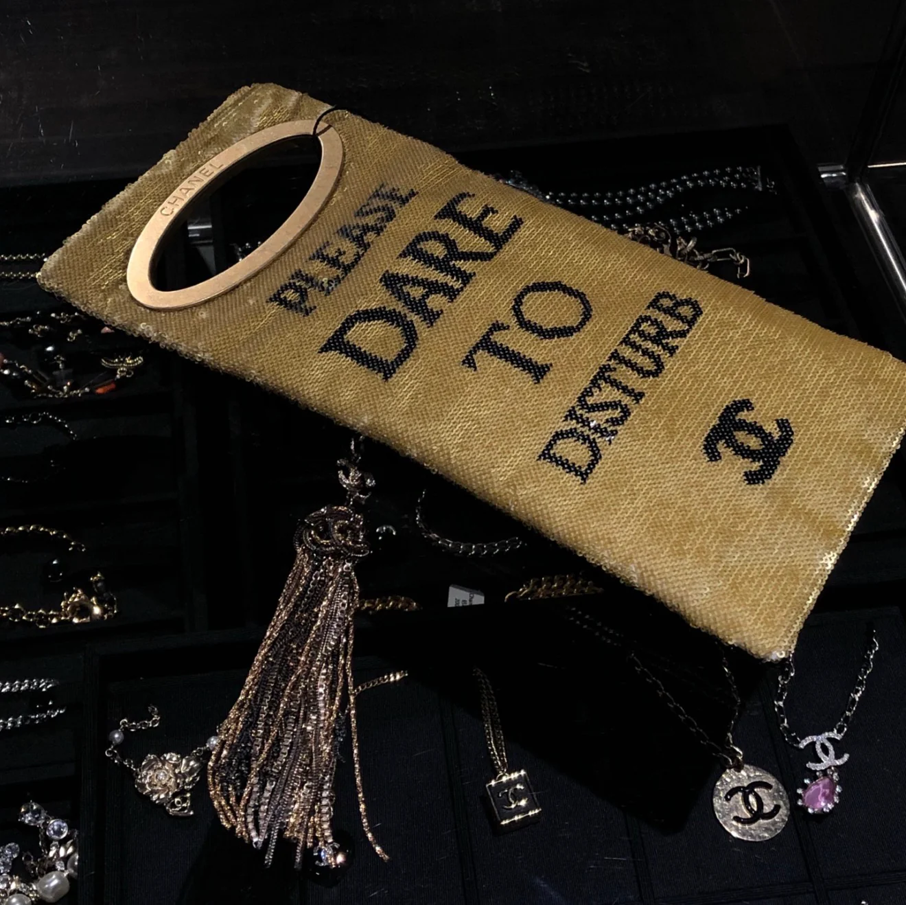 Chanel 2017 Black and Gold Sequin Paris-Cosmopolite Do Not Disturb Minaudiere Clutch Gold Hardware