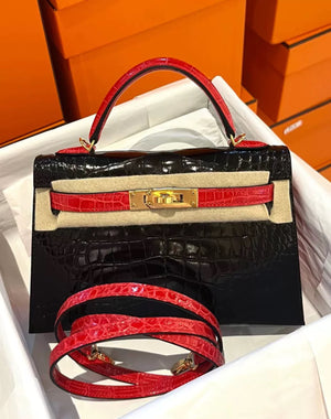 Hermès Mini Kelly 20 Black  Red Shiny crocodile leather gold hardware