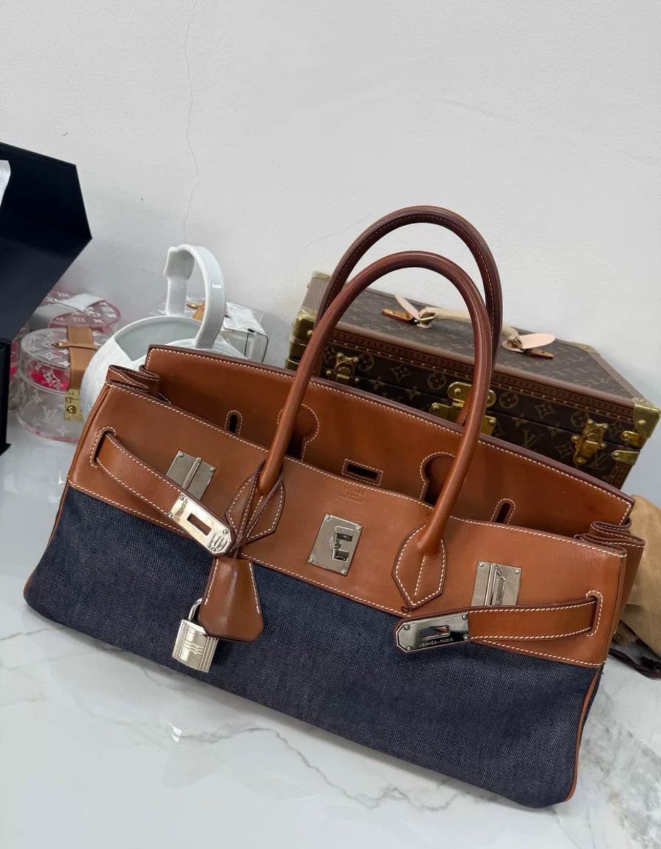 Hermes Shoulder Birkin Saddle leather and denim palladium hardware