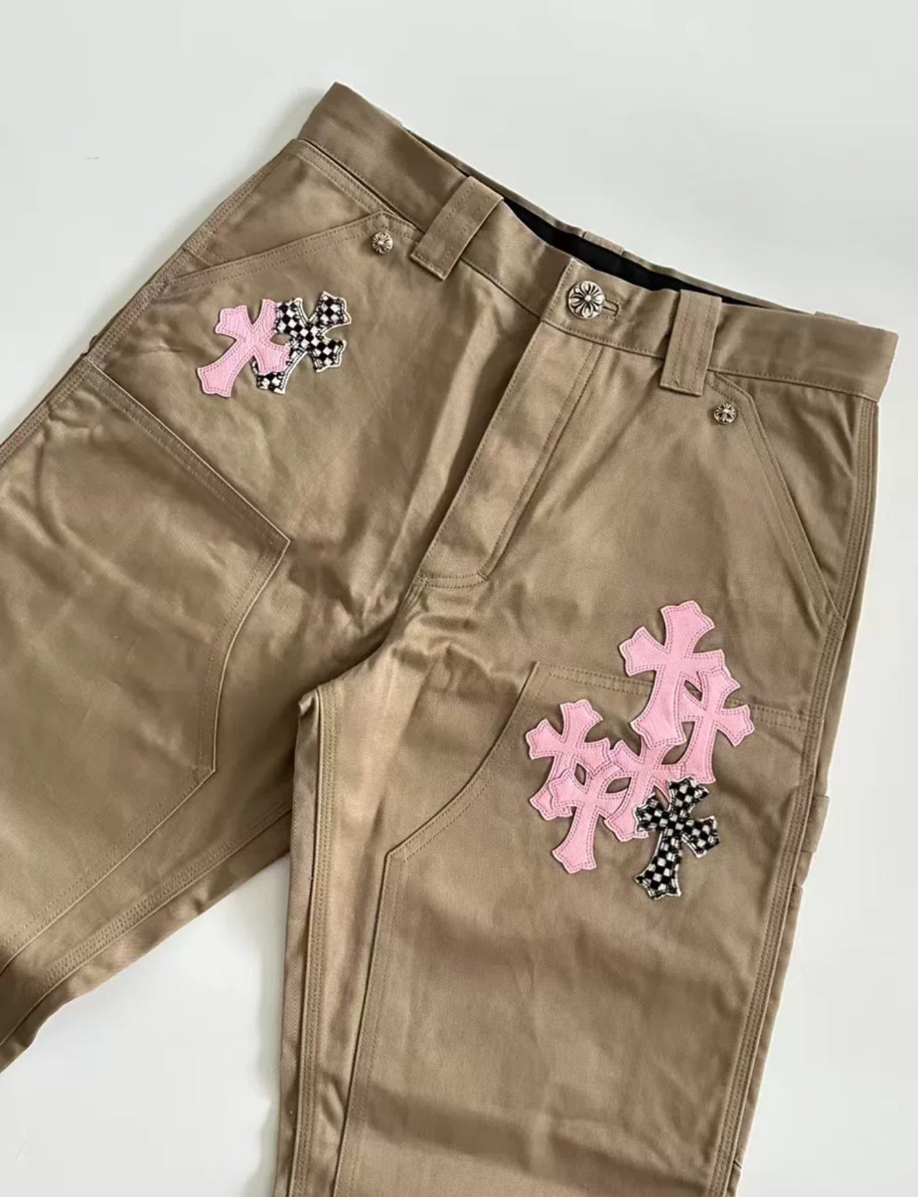 Chrome Hearts Tan Pink  Checkered Cross Patch Carpenter Pants