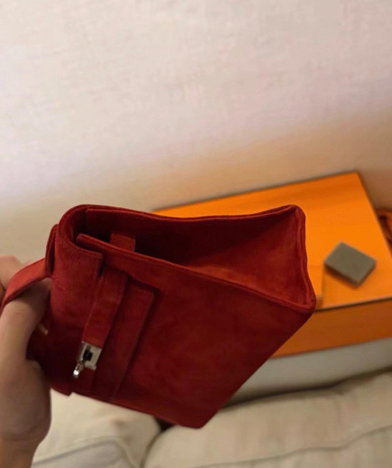 Hermes Kelly pochette red Doblis suede leather palladium hardware