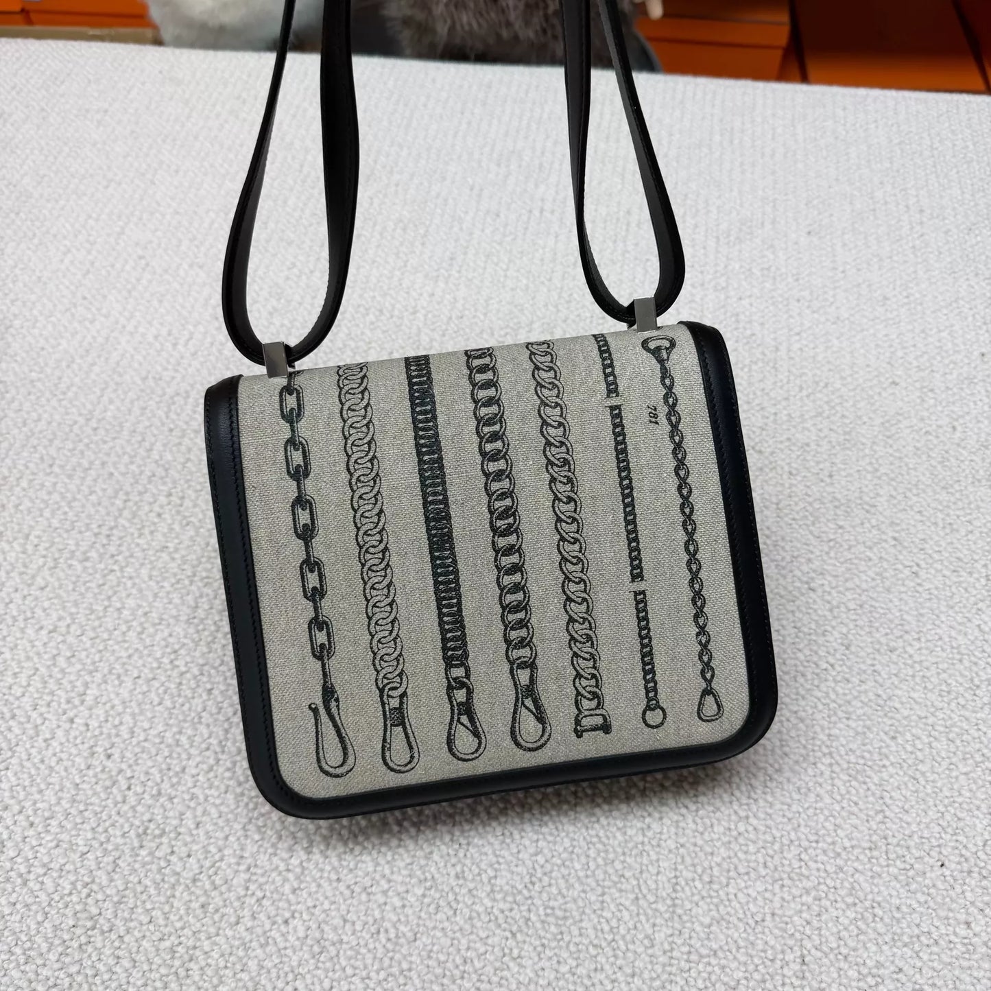 Hermès Constance 24 black leather  grey canvas palladium hardware