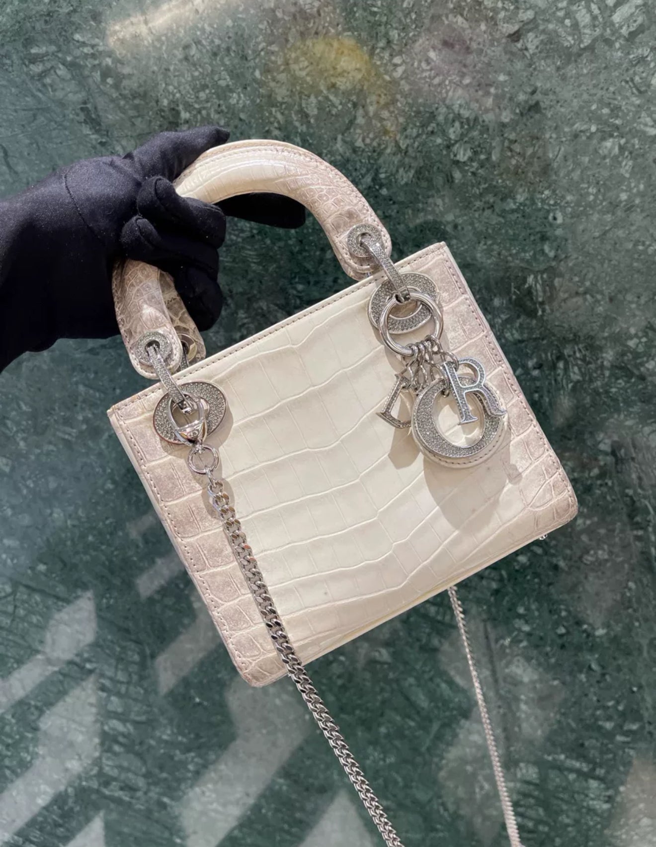 CHRISTIAN DIOR MINI LADY DIOR IN WHITE HIMALAYAN CROCODILE LEATHER  DIAMONDS