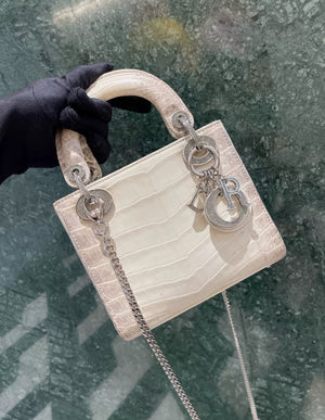 CHRISTIAN DIOR MINI LADY DIOR IN WHITE HIMALAYAN CROCODILE LEATHER  DIAMONDS