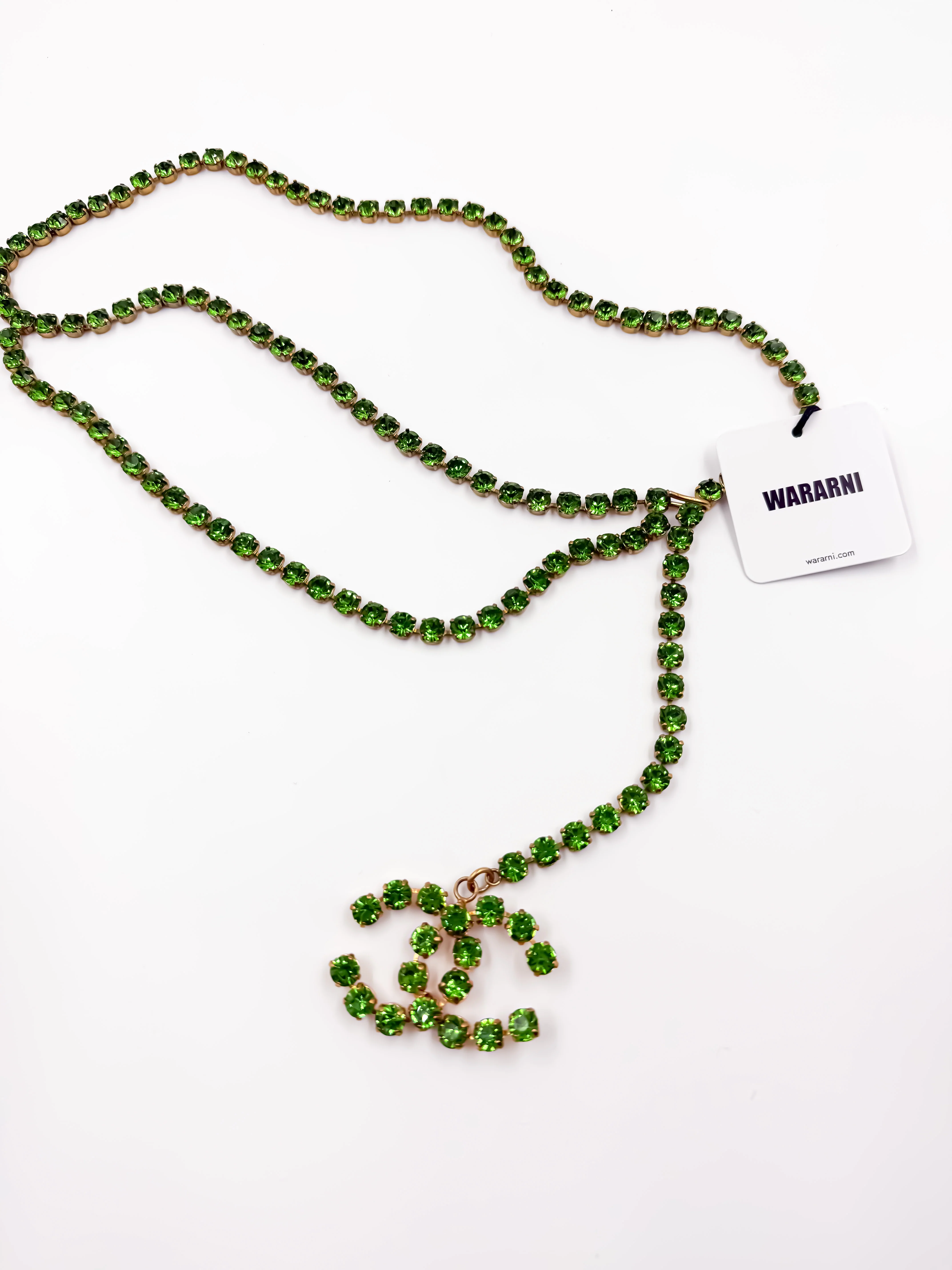 Chanel 1995P Vintage Barbie Collection Green Rhinestone Belt & Necklace Set