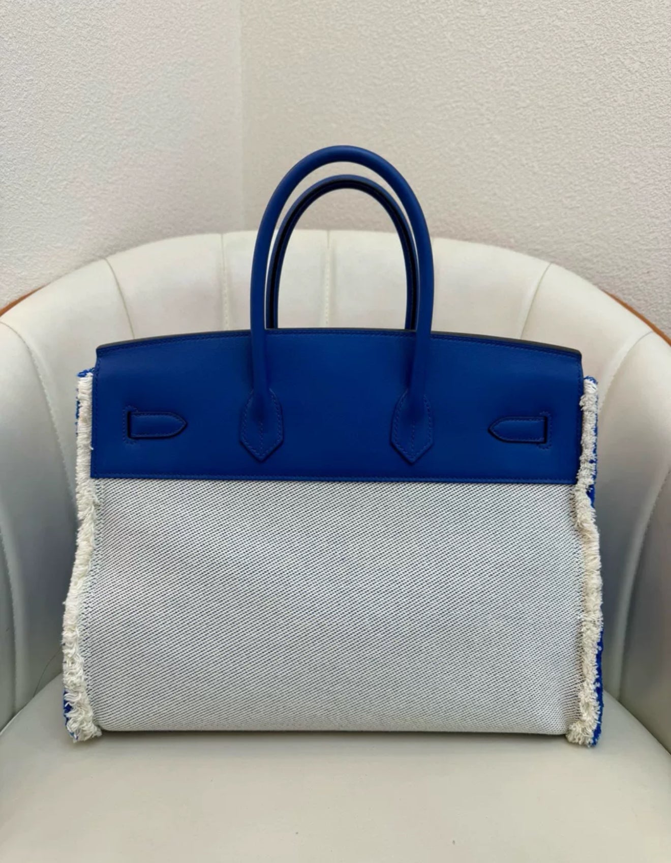 Hermès Birkin Fray Fray 35 Ecru Toile Bleu Saphir Swift Palladium Hardware