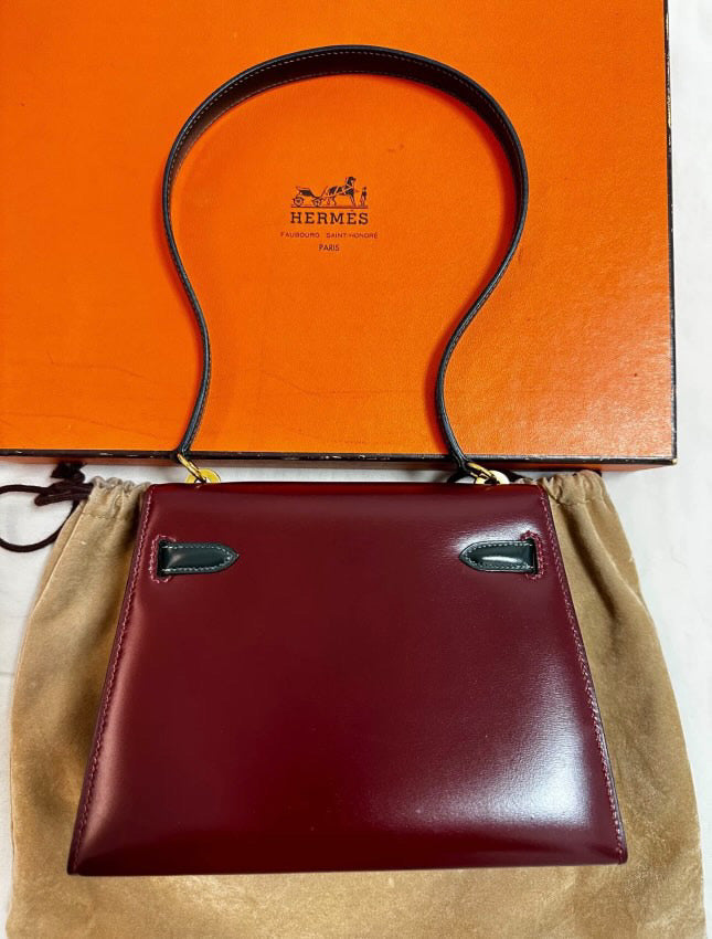 HERMES 80s KELLY 20 two Color’s Burgundy  Black Box Calf leather