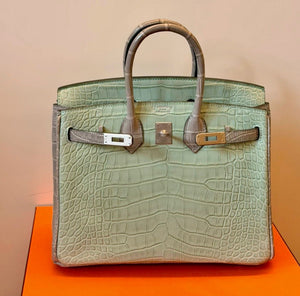 Hermes Birkin 25 HSS Vert d’Eau/Gris Perle Matte Alligator Brushed Palladium Hardware