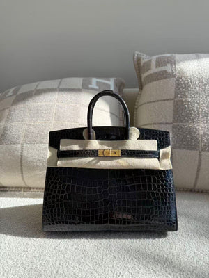 Hermes Birkin 25 Sellier Graphite Shiny Porosus Gold hardware