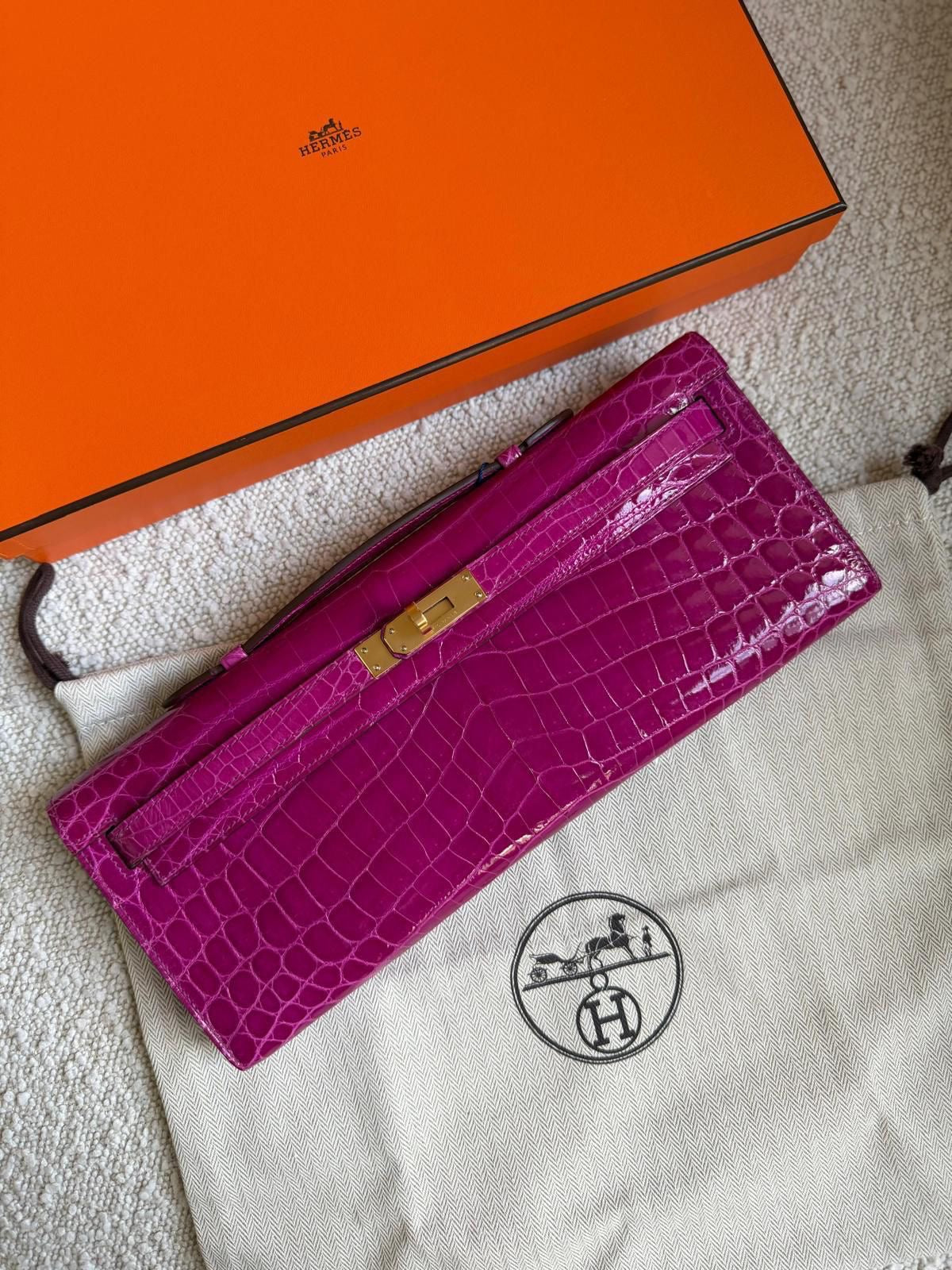 Hermes Kelly cut Rose Scheherazade Shiny Niloticus Gold hardware