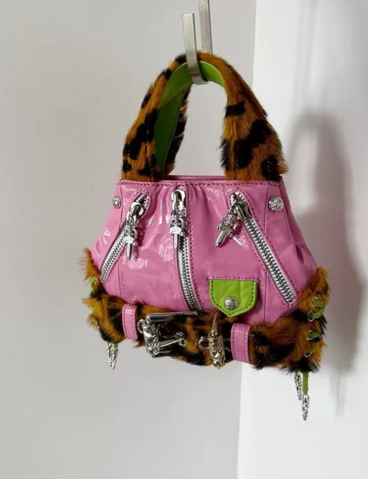 Rare Chrome Hearts JJ Dean shoulder bag in Pink, Green Patent Leather  Leopard Fur