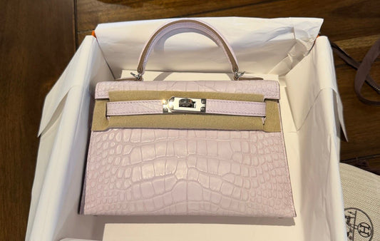 Hermes Mini Kelly 20 Mauve Pale Matte Alligator Palladium hardware
