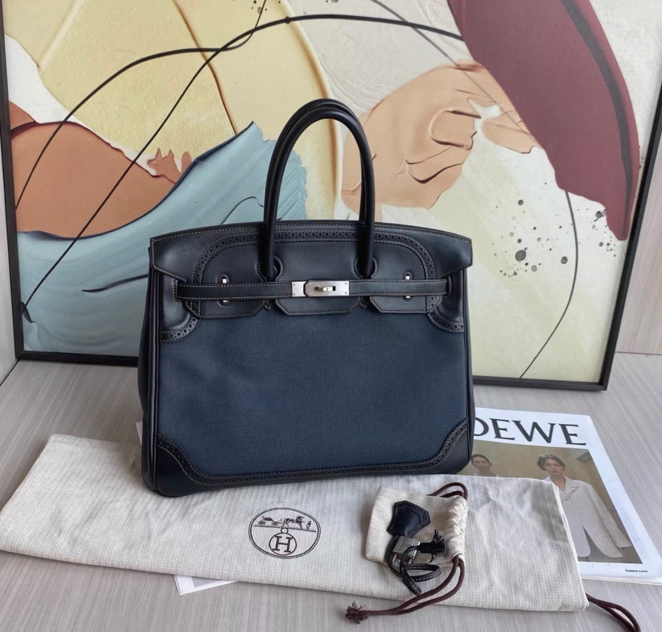HERMÈS Birkin Ghillies 35 Noir Denim Denim Evercalf Brushed Palladium