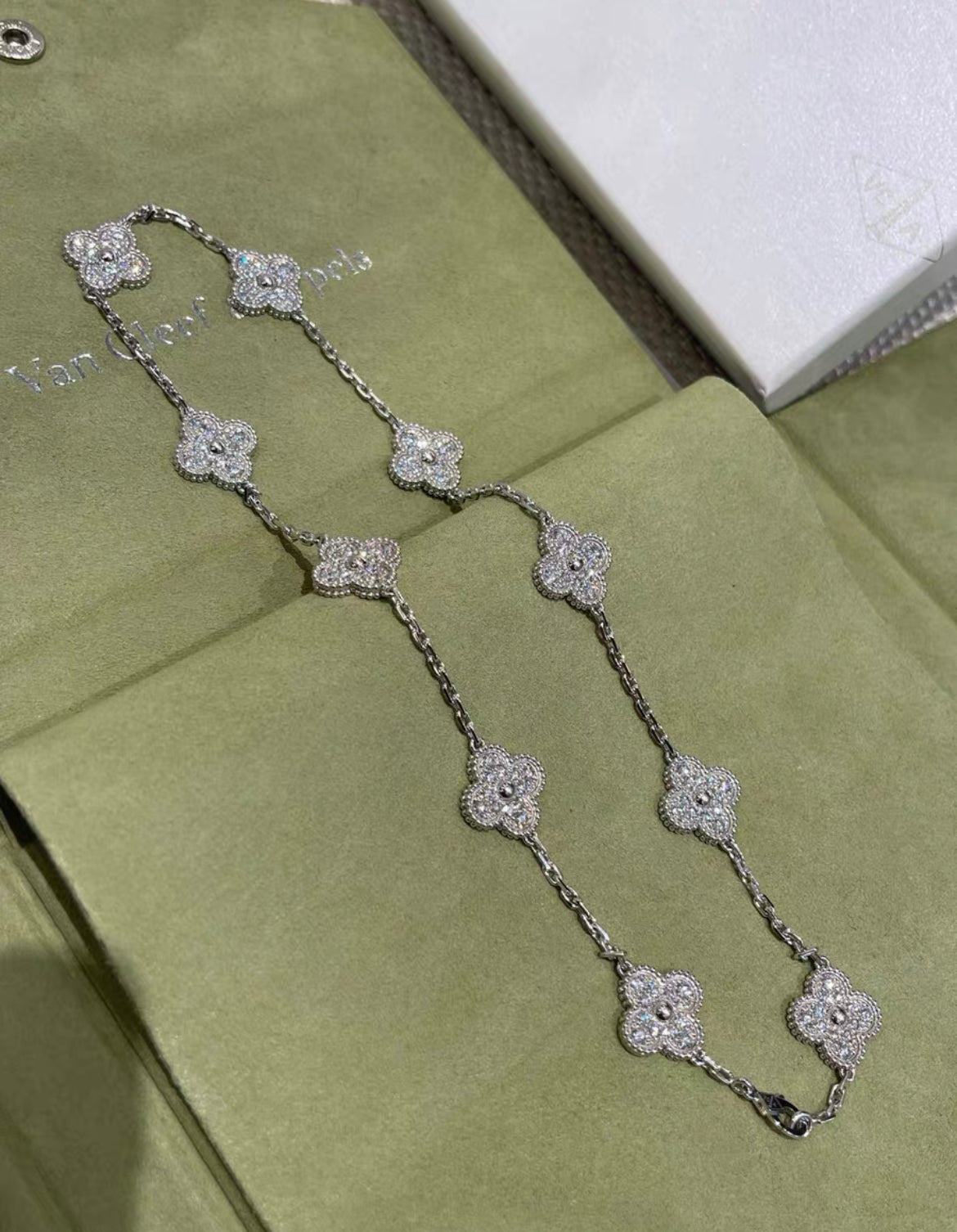 Van Cleef Arpels 10 Motifs Vintage Diamond Alhambra 18k White Gold Necklace