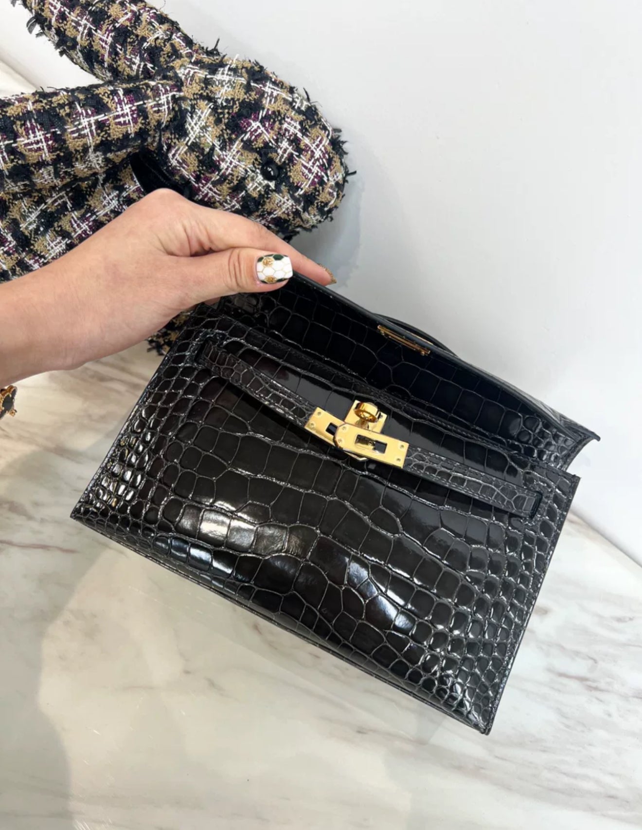 Hermès Kelly Pochette Black Shiny Alligator Gold Hardware