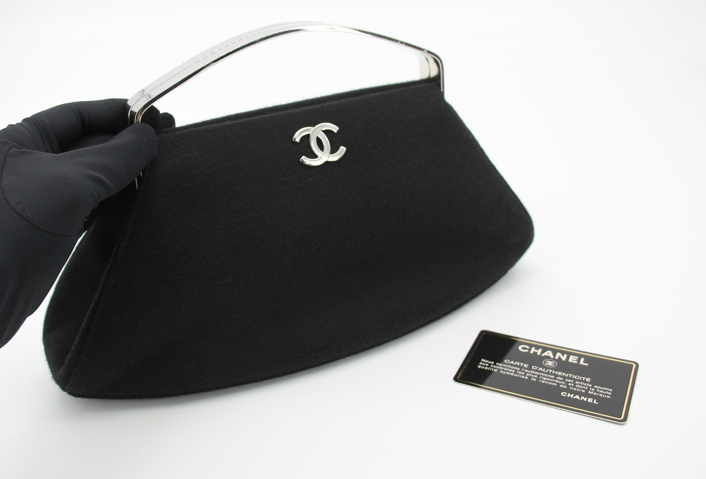 Chanel vintage black clutch with silver hardware handle