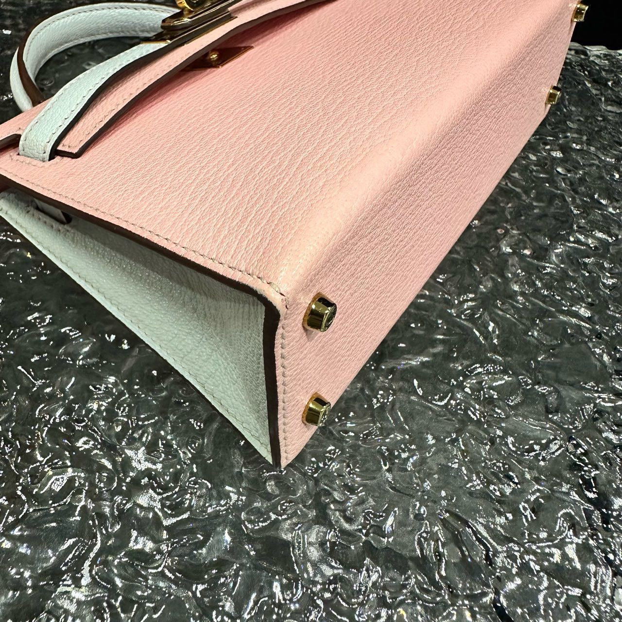 Hermes Mini Kelly II 20 Rose Sakura  Gris Perle Chèvre Gold Hardware