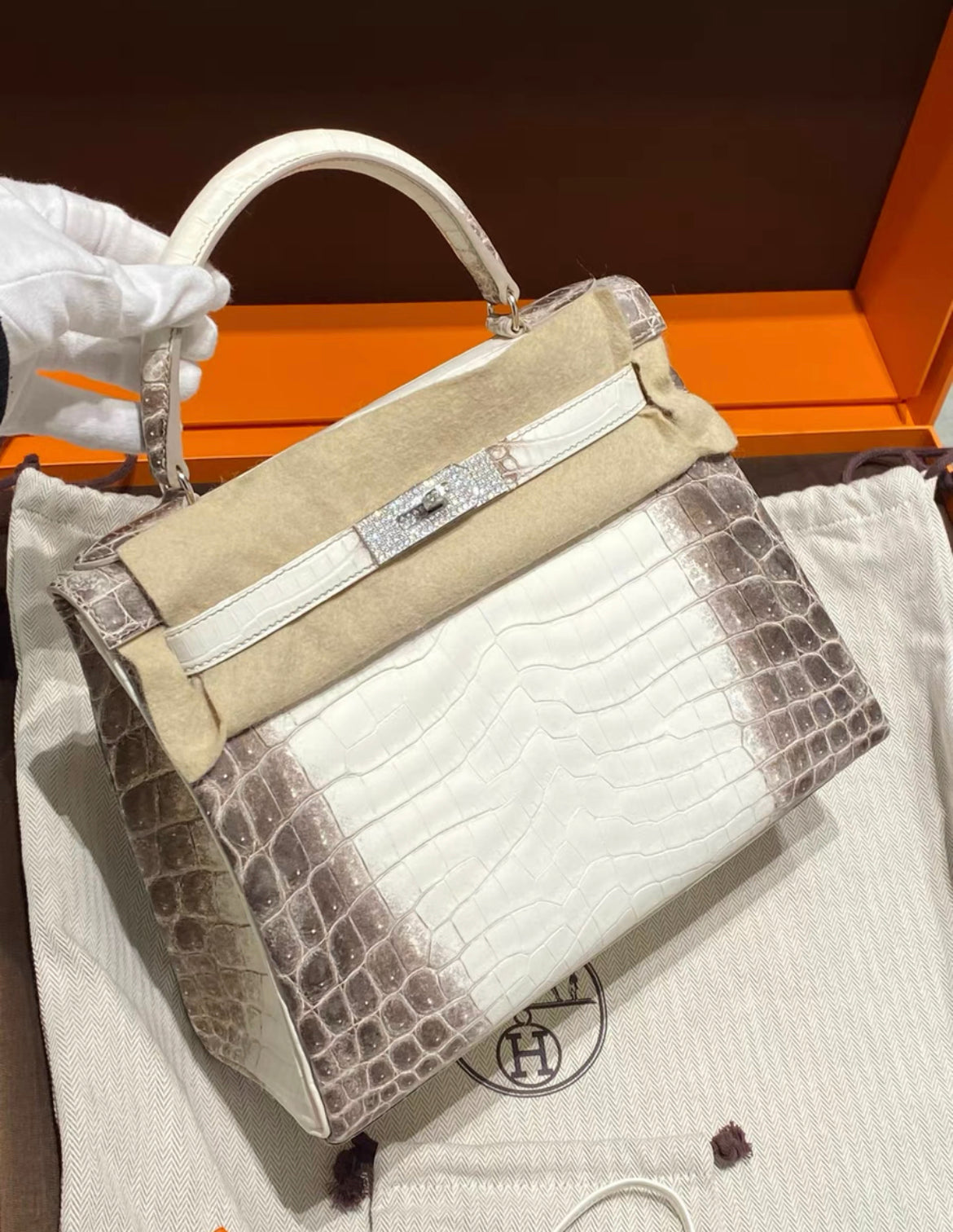 Hermes Kelly 28 Bag Diamond Himalaya Blanc Matte Niloticus Crocodile with 18k White Gold Hardware