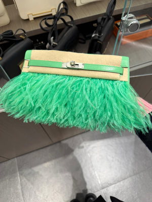 Hermès Kelly Elan Foile Vert Comics Chevre and Ostrich Feather Palladium Hardware