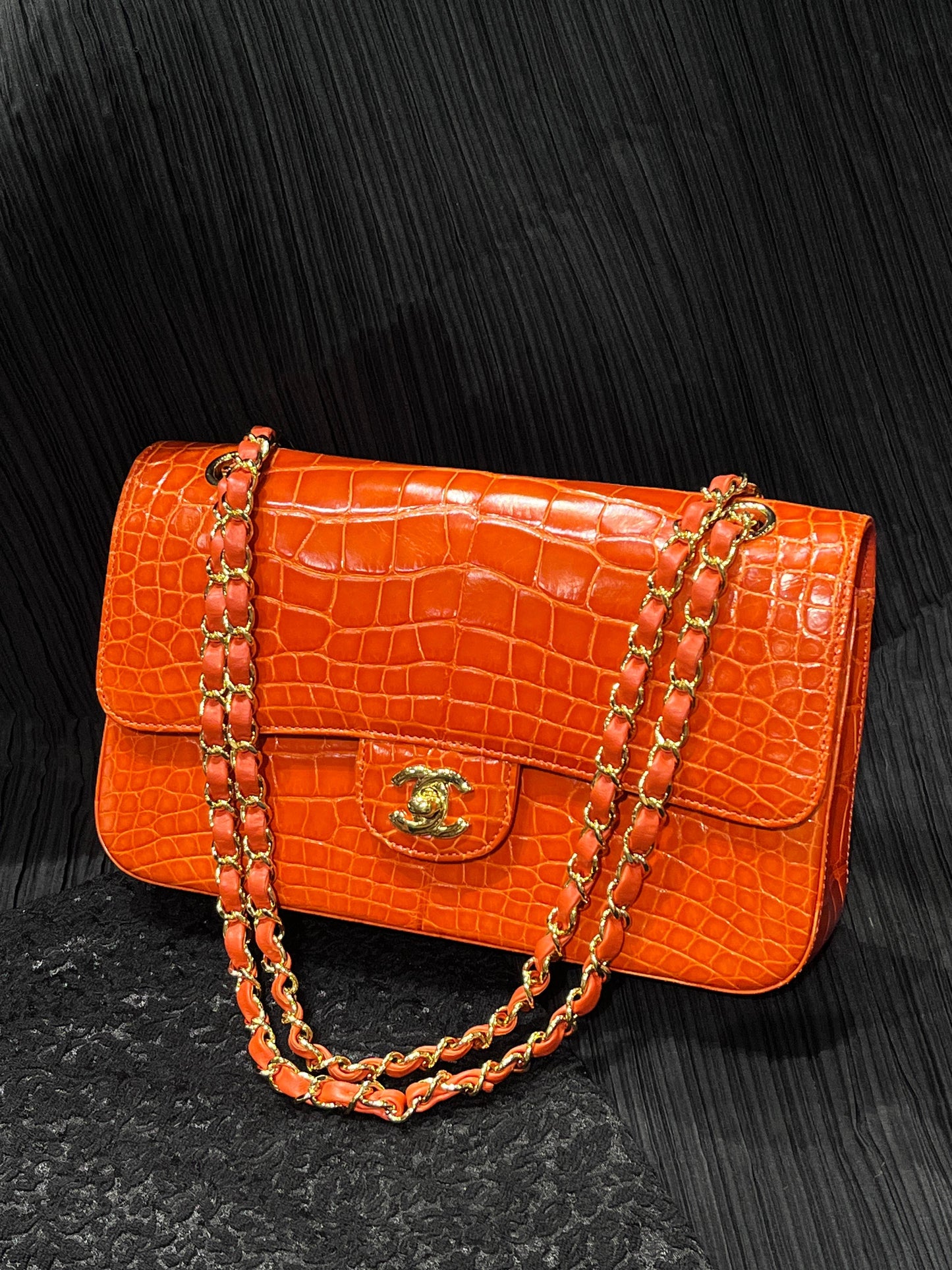 Chanel orange Alligator leather medium flap gold hardware