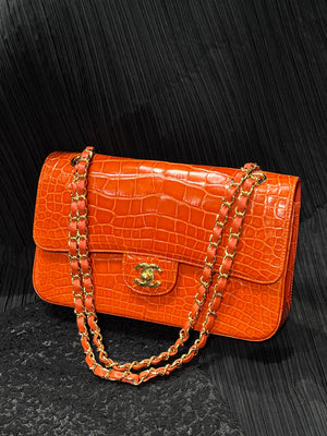 Chanel orange Alligator leather medium flap gold hardware