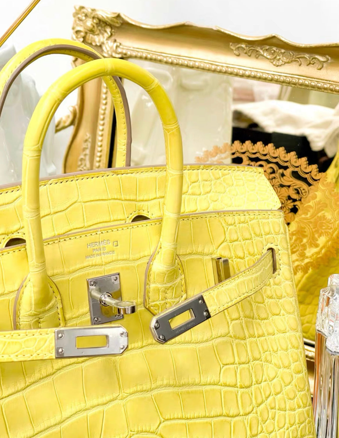 Hermes Birkin 25 Lime Yellow Matte Crocodile Palladium Hardware Handbag